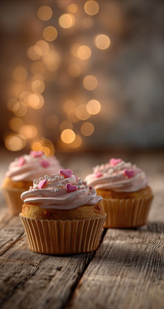 Delicious cupcakes on wooden table against blurred lights, closeupの素材