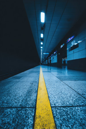 Underground passage with yellow line in modern office building, perspective viewの素材