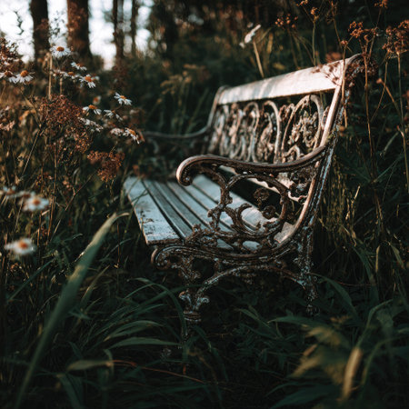 Lonely bench in the summer park. Selective focus.の素材