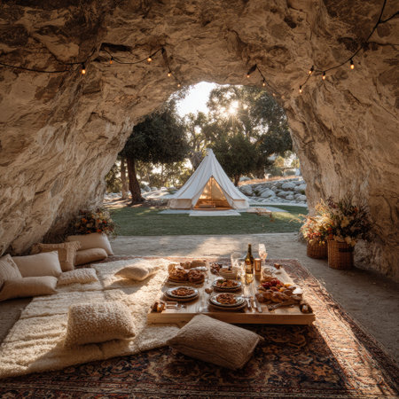 Table set for a romantic dinner in the shade of a tent.の素材