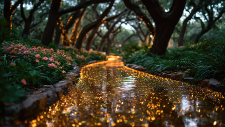 Sunset in the city park with trees and water puddlesの素材
