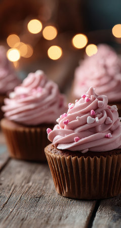 Delicious cupcakes with pink cream on wooden table, closeupの素材