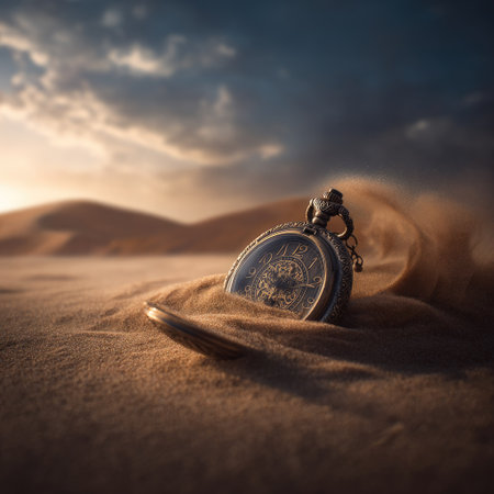 Pocket watch on sand in desert. Time concept. 3d renderingの素材
