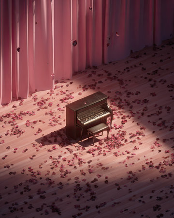 Piano with rose petals on the floor. 3d renderingの素材