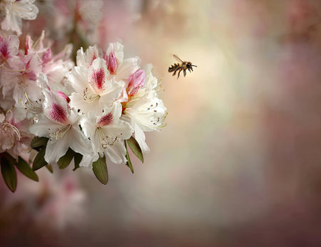 Rhododendron flowers and a bee in the spring gardenの素材