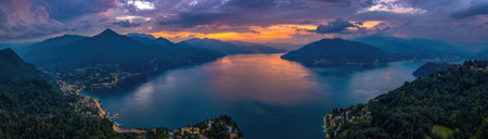 Panoramic view of Lake Lucerne, Switzerland at sunsetの素材