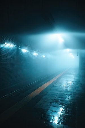 Interior of the metro station in a foggy misty nightの素材