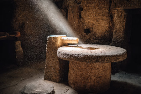 Stone mill for grinding grain in ancient Roman city of Pompeii.の素材