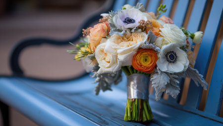Wedding bouquet of flowers on a blue wooden bench.の素材