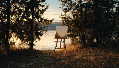 Wooden easel on the bank of the lake at sunset.の素材