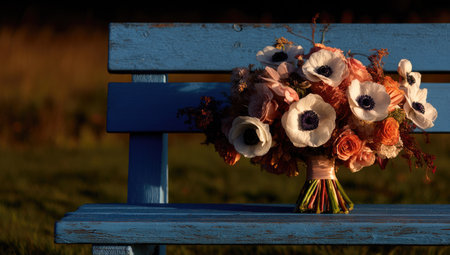 Wedding bouquet on a wooden bench in the park.の素材