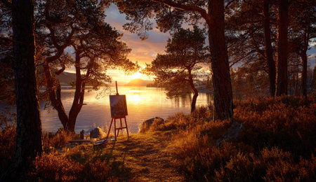 Beautiful sunset over the lake with a wooden easel in the foregroundの素材