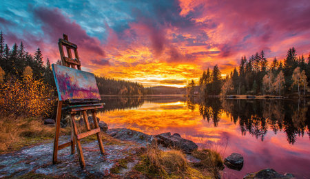 Wooden easel on the lake shore at sunrise. Beautiful landscape.の素材