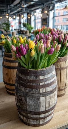 Colorful tulips in wooden vases on table in flower shopの素材