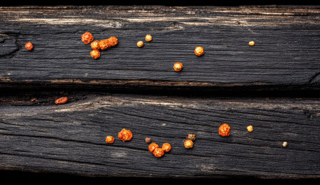 wooden background with small orange pebbles in form of heartの素材