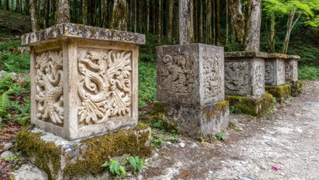 Stone carving on the side of a grave in the forest, Japanの素材