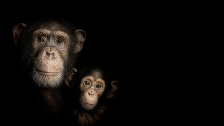 Chimpanzee family portrait on black background with copy space.の素材