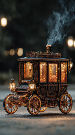 Vintage wooden toy carriage with burning candles and lanterns in the city at nightの素材