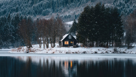 Beautiful winter landscape with a wooden house on the shore of a lakeの素材