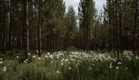 Landscape of pine forest with white dandelions in the foregroundの素材
