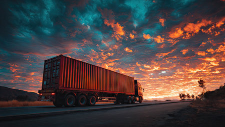 A truck on the road at sunset with clouds in the sky.の素材
