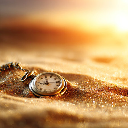 Pocket watch on golden sand at sunset, closeup. Time conceptの素材