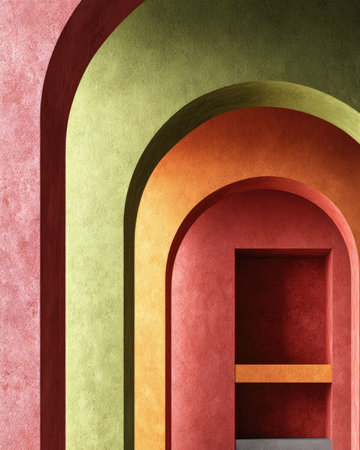 Abstract colorful interior with stairs and arch. 3d render illustration.の素材