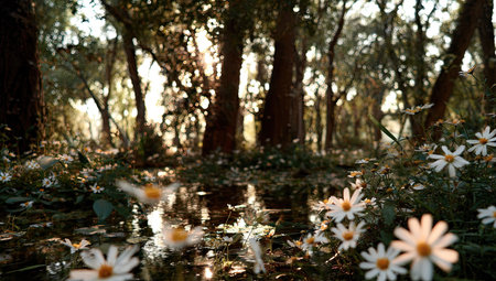 Beautiful daisies in a pond in an olive groveの素材