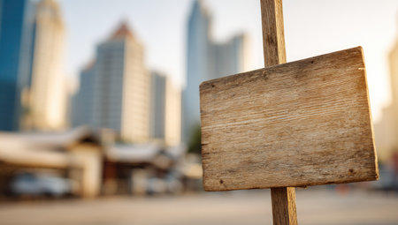 Blank wooden sign on the background of the city. Blurred background.の素材