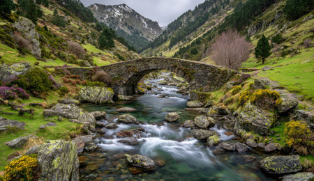 Old stone bridge over a small river in Glencoe, Scotland.の素材