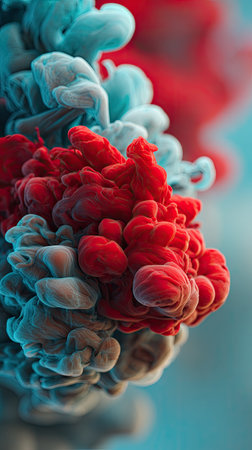 This image features a vibrant display of swirling red and blue smoke. The colors blend and create organic forms. The composition showcases dynamic movement with a soft, blurred background. Suitable for artistic projects and commercial applications, it provides a visually striking element.の素材