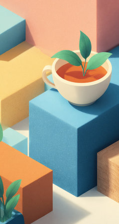 An artistic illustration presents a teacup with a plant growing inside. The image showcases a surreal composition using geometric shapes in orange, yellow, and blue hues. The style appears contemporary, with soft lighting enhancing the visual appeal. Suitable for various design projects and editorial content.の素材