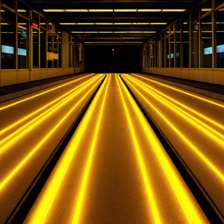 An interior shot features a tunnel with long yellow lines leading into a dark area. The lines create a sense of depth and perspective. The scene exhibits a modern aesthetic with the use of artificial lighting. This image could be suitable for various commercial or artistic applications.の素材