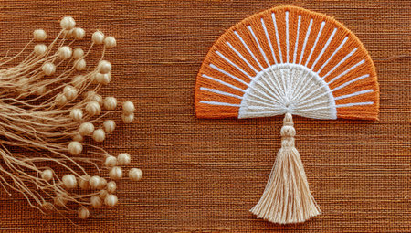 An overhead shot displays an artisan-crafted fan featuring an orange half-circle design with white detailing. A tassel hangs below, and a textured, brown surface serves as the background. Beside it lies a delicate branch. This image could be used for various commercial or editorial purposes.の素材