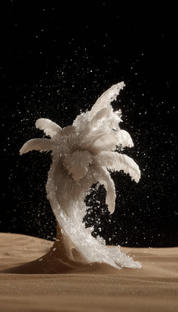 An abstract, floral sculpture is presented against a stark black backdrop. The central figure appears to be a flower, crafted from a material exhibiting a crystalline texture, suggesting ice or similar. The composition employs overhead lighting to highlight the details, possibly for conceptual or decorative applications.の素材