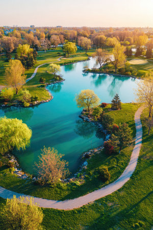 An aerial photograph showcases a tranquil lake with vibrant turquoise water surrounded by abundant green trees and grassy areas. Winding pathways add visual interest. The scene is illuminated by natural sunlight, with various textures visible. This image may be suitable for editorial and commercial applications.の素材