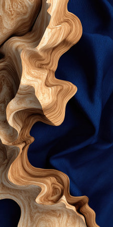 An artistic composition features a wooden texture with organic, swirling patterns, contrasted against a deep blue background. The image displays a unique interplay of light and shadow, highlighting the textures. Suitable for various applications including graphic design, website backgrounds, or print media.の素材