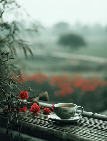 A teacup rests on a bamboo surface, highlighted by red flowers in the foreground. The background showcases a blurred green landscape, with a touch of fog creating a tranquil ambiance. The image employs soft lighting, suitable for designs related to leisure, lifestyle, or relaxation-themed projects. It is suitable for commercial and editorial uses.の素材