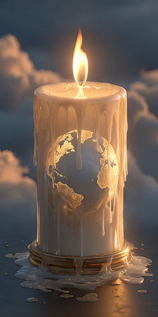 A lit candle features a globe, representing the Earth, with a warm light and dripping wax. The image uses a soft, dreamlike style with a background of clouds. This visual could be used in various commercial projects highlighting themes of environment or global concepts.の素材