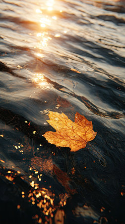 An autumn leaf floats peacefully on the water's surface, illuminated by the golden sunlight. The image showcases the leaf's intricate details and texture. The dark water provides a contrasting background with reflections. This scene is suitable for use in various projects that require imagery related to nature and seasonal themes.の素材