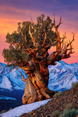 An aged bristlecone pine tree stands prominently against a vibrant sunset. Its gnarled trunk and branches display a rich brown hue, contrasted by green foliage. The scene presents a mountainous landscape with snow-capped peaks under a colorful sky. This image could be used for various editorial and commercial applications.の素材