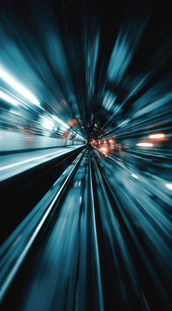 This image presents a perspective view of a tunnel, with a focus on blurred lights and a sense of motion. The composition highlights lines and gradients of teal and orange tones. The style appears stylized and futuristic, suggesting potential use in advertising, presentations, or various design projects.の素材