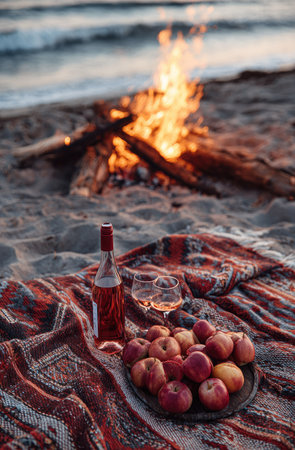 A close-up captures a beach picnic setup. A bottle of wine and glasses sit alongside a plate of fruit atop a patterned blanket. A bonfire blazes in the background. The scene suggests a relaxed atmosphere, suitable for editorial or commercial applications, emphasizing leisure and recreation.の素材
