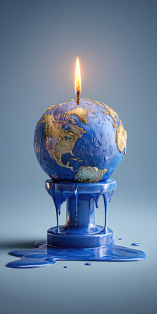 A conceptual illustration depicts the Earth as a melting candle, with a burning flame. The blue and gold color palette is striking, while the dripping wax evokes a sense of decay. The image could be used in editorial contexts, such as articles discussing environmental issues and the effects of climate change.の素材