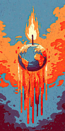 An artistic illustration presents a stylized globe, with a burning flame on top, and melting effect. The vibrant composition uses warm orange and red hues contrasted against blue. It suggests a global crisis with potential use in editorial or educational materials focusing on environmental issues and global warming.の素材