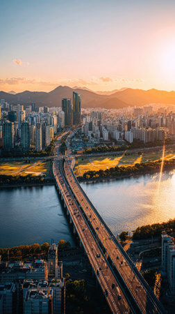 An aerial view presents a city landscape featuring a bridge spanning a river, alongside numerous buildings. The scene is bathed in warm hues from a sunset, with mountains visible in the distance. This image showcases a vibrant composition ideal for commercial projects, travel articles, and design purposes.の素材