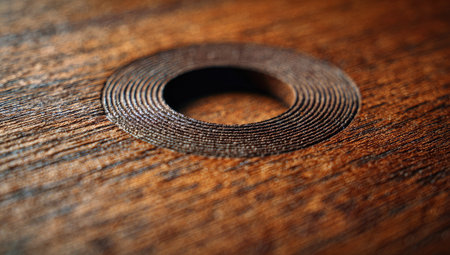 This image showcases a close-up view of a wooden surface, displaying a circular design. The wood exhibits a rich, brown color and intricate grain patterns. The focus is on the textured details, with soft lighting enhancing the visual appeal. The image is suitable for various commercial purposes and can be utilized in various design projects.の素材
