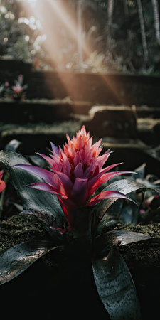 A close-up captures a bright flower in full bloom, revealing its intricate petals and textures. The composition features vivid colors, with rich pinks and greens dominating the scene, complemented by dappled sunlight. This image could be used for various purposes such as floral design, nature articles, or decorative elements.の素材