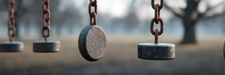 The image captures a close-up of several chain swings suspended, with a blurred natural background. The texture of the metal chains and circular seats contrasts with the soft background colors. This visual could be utilized in design projects or editorial content focused on themes of recreation, leisure, and outdoor activities.の素材