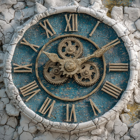 An aged clock with Roman numerals is the central focus, showcasing intricate gears and hands. The clock face displays a textured blue surface, surrounded by a cracked, weathered frame. The composition is a close-up, revealing fine details, with warm lighting, ideal for various design and conceptual applications.の素材